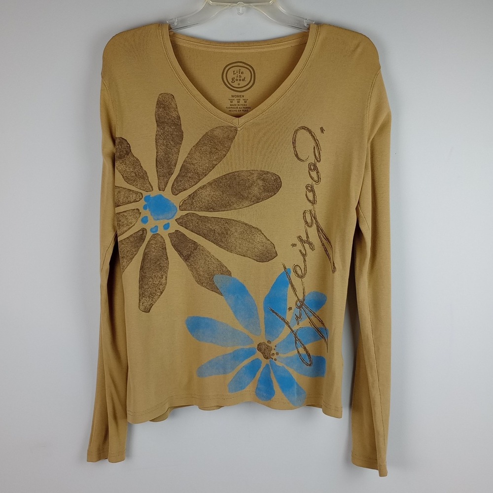 Life is Good Womens M Tan Floral Long Sleeve V-Neck Graphic TShirt Casual Top